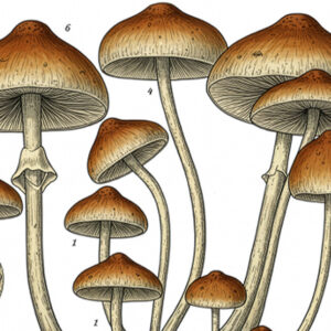 Scientific drawing of psilocybin mushrooms