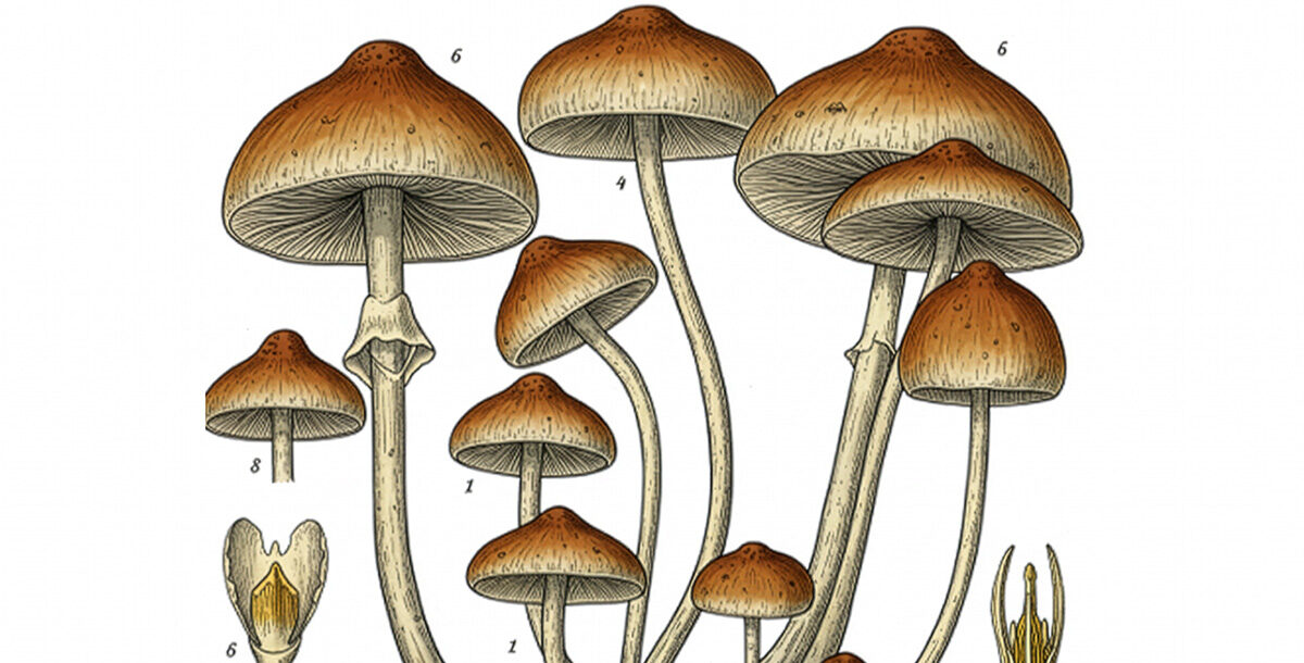 Scientific drawing of psilocybin mushrooms