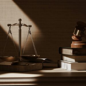 Image of justice scales and a gavel on a stack of books.